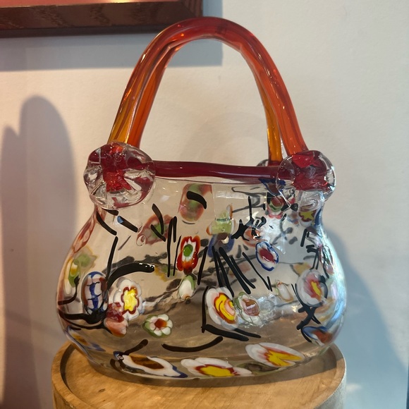 Murano Style Millefiori Purse Art Glass Vase Red Handle - Picture 1 of 5